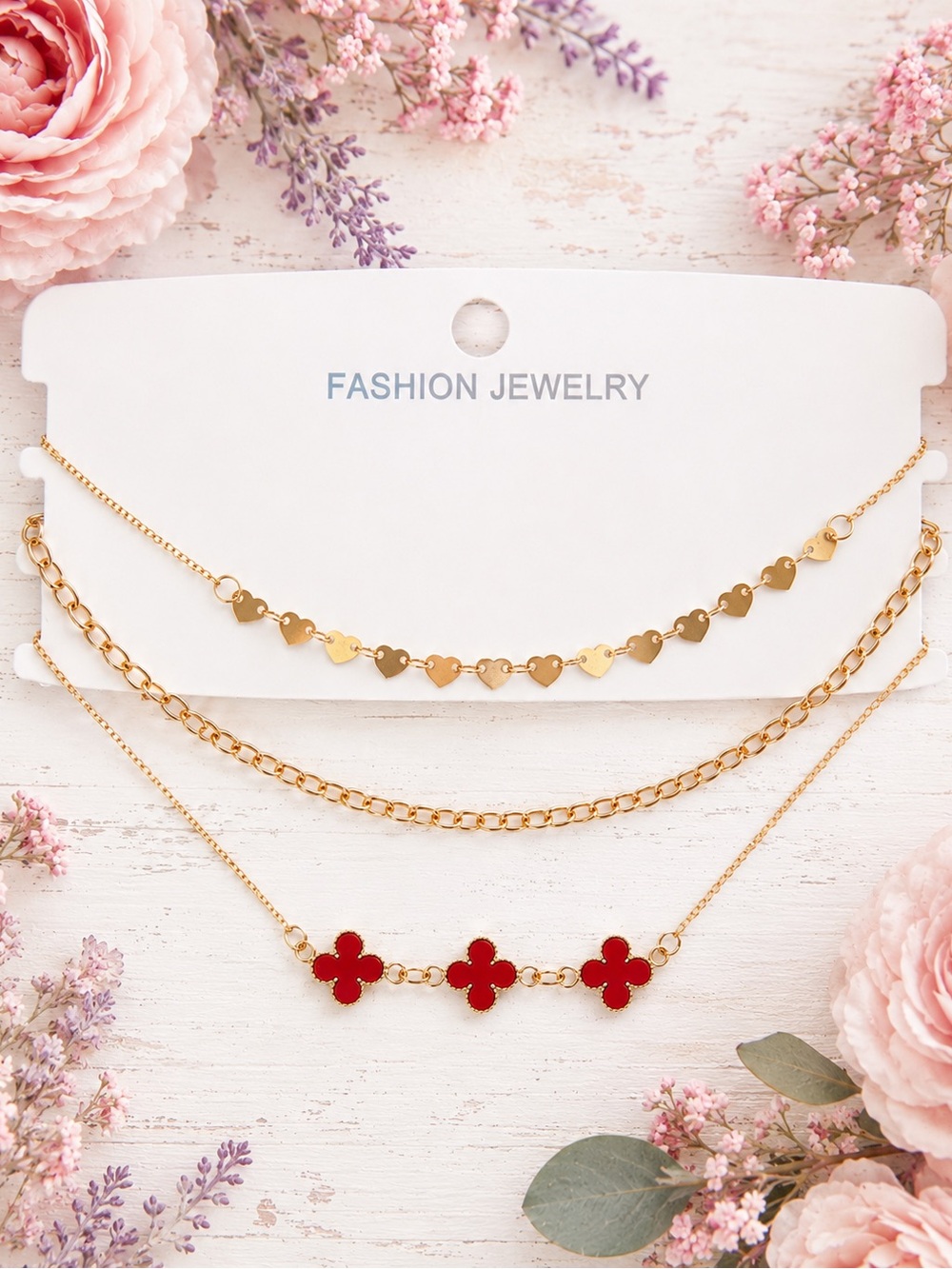Gold Layered Heart & Red Clover Necklace
